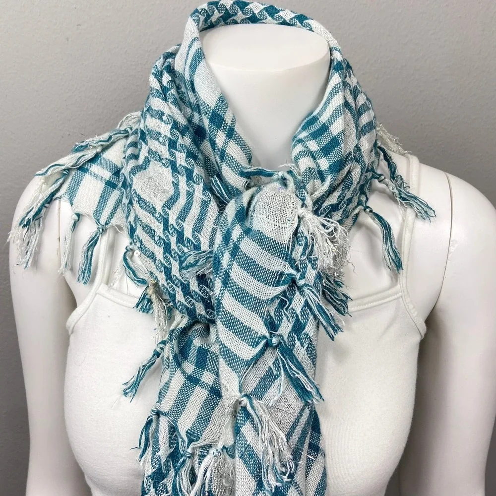 Plaid Fringe Scarf Blue‎ White Shawl Y2K Indie Sleaze Euro Summer Picnic Wrap